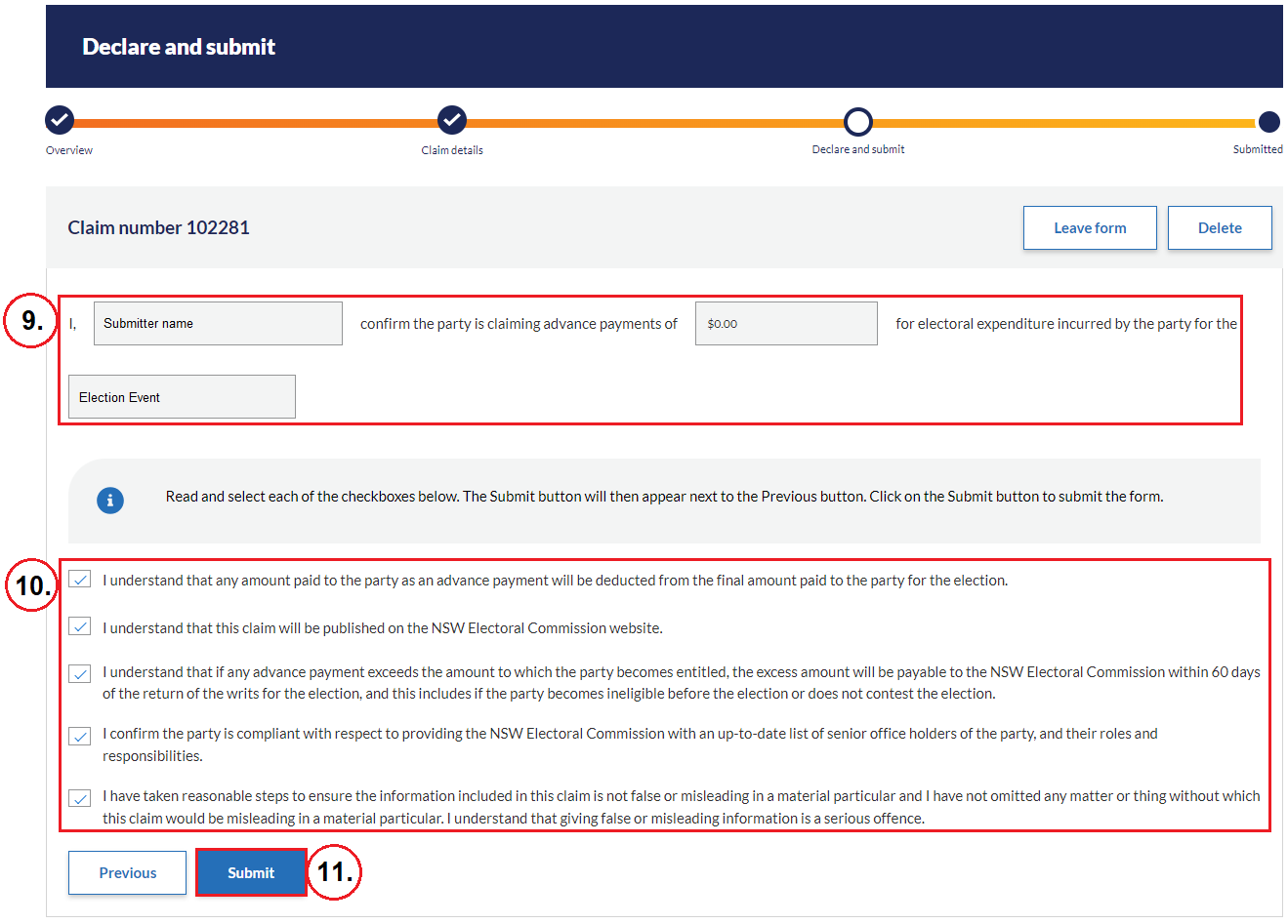 Figure 3: Declare and submit page for Election Campaigns Fund Advance claim form