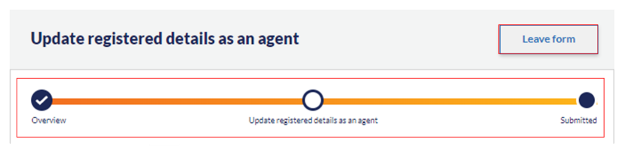 Shows close up of Leave form button and Update registered details as an agent process line