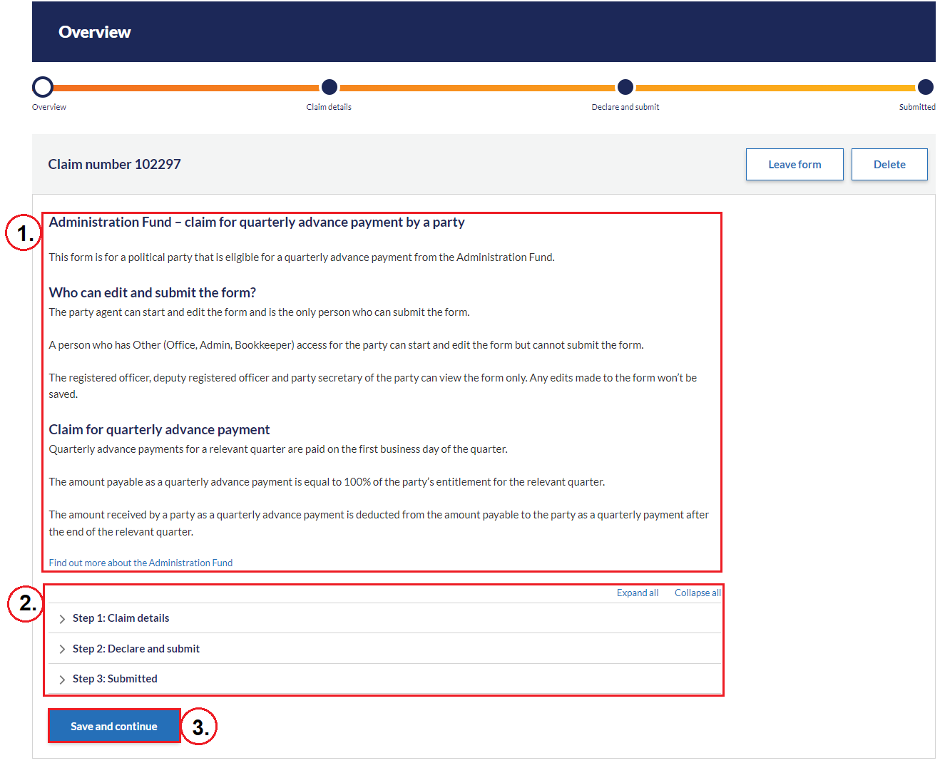 Figure 2: Claim details page for Administration Fund Advance claim form