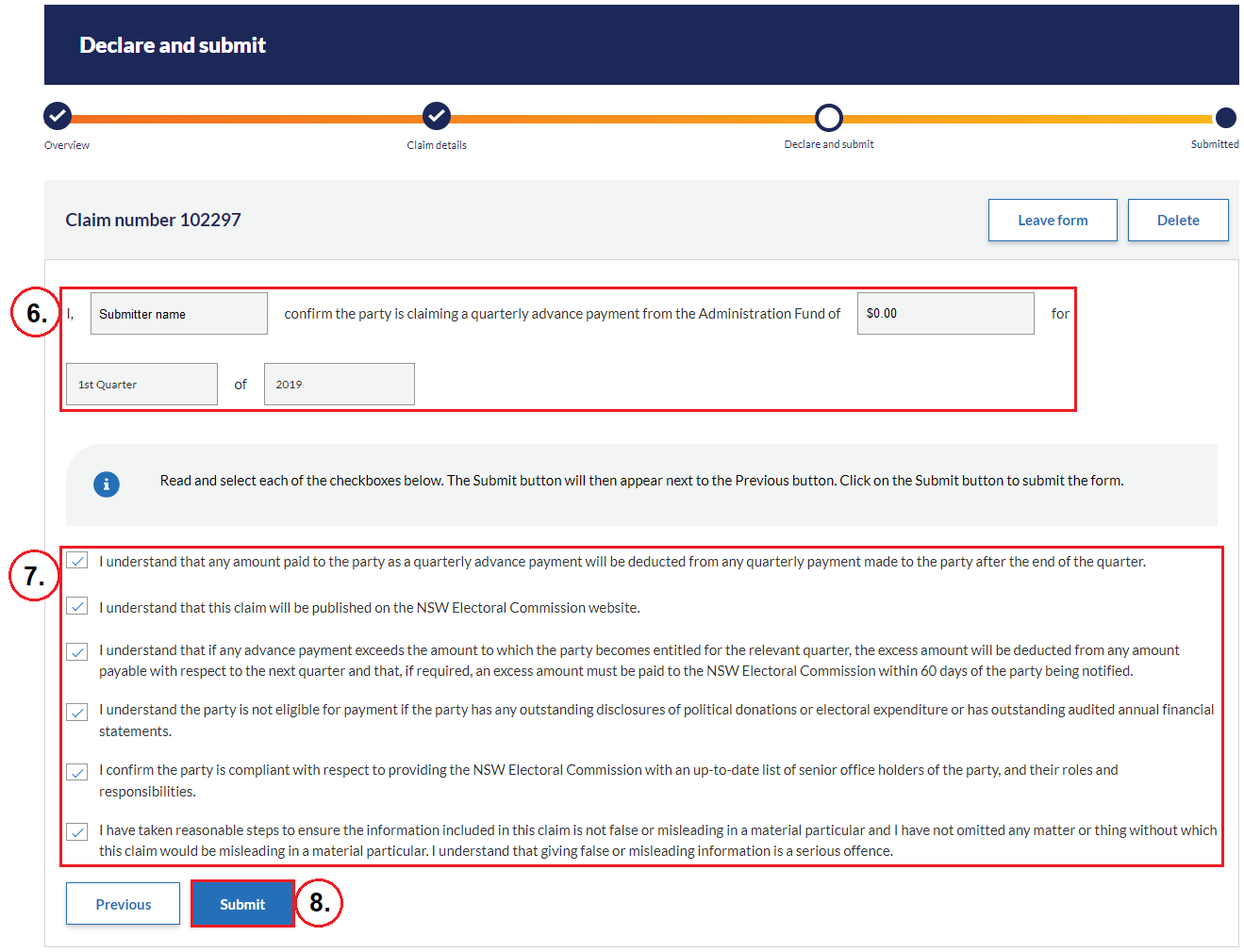 Figure 3: Declare and submit page for Administration Fund Advance claim form
