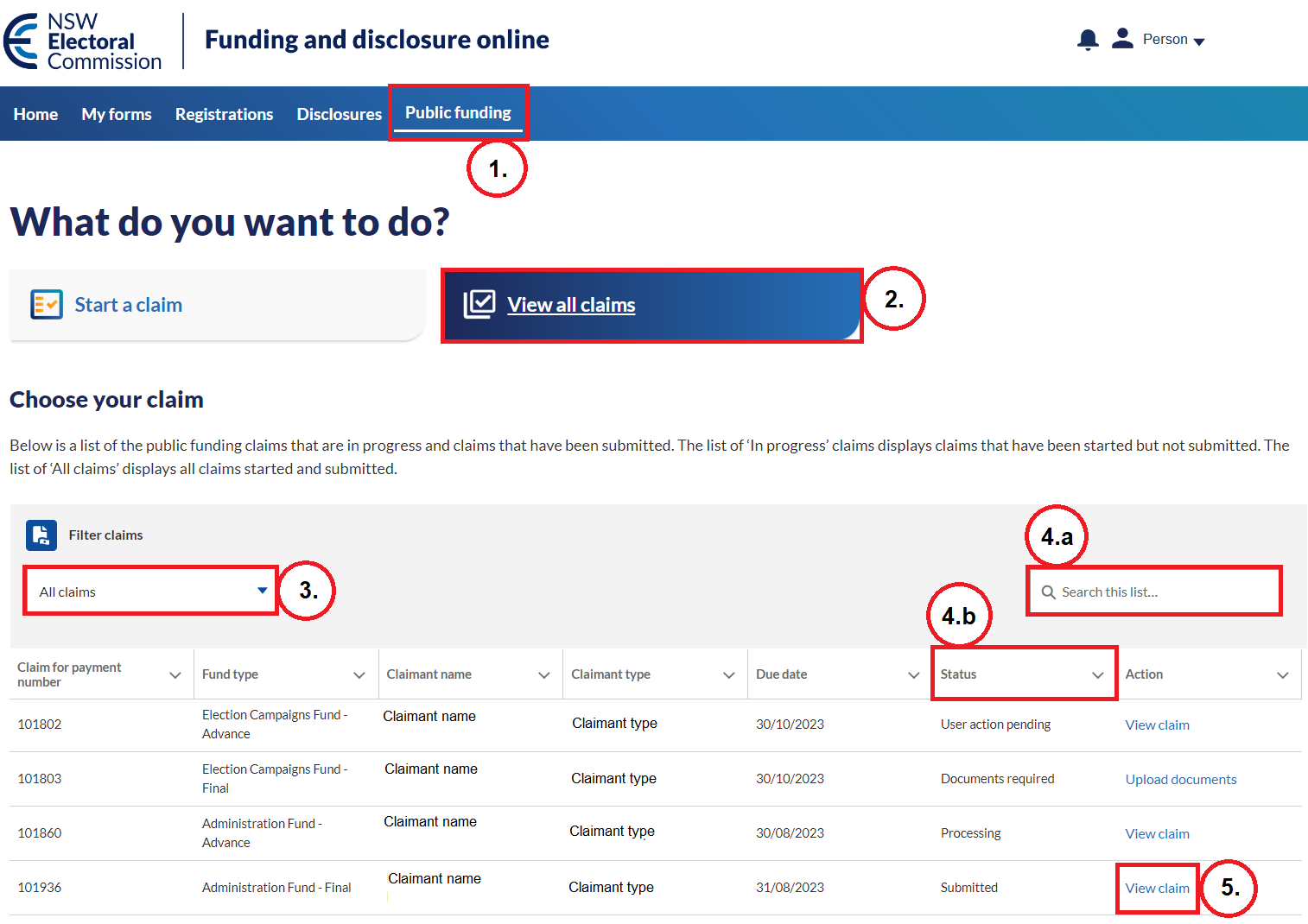 Figure 1: Viewing submitted forms via Public funding tab