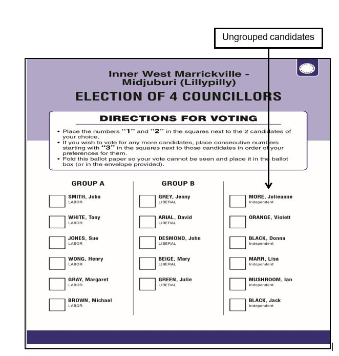 Example of a councillor ballot paper with groups but no voting squares, "Ungrouped candidates" highlighted.