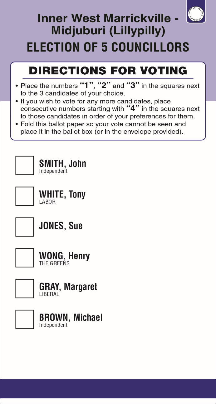 Example of a councillor ballot paper with no groups