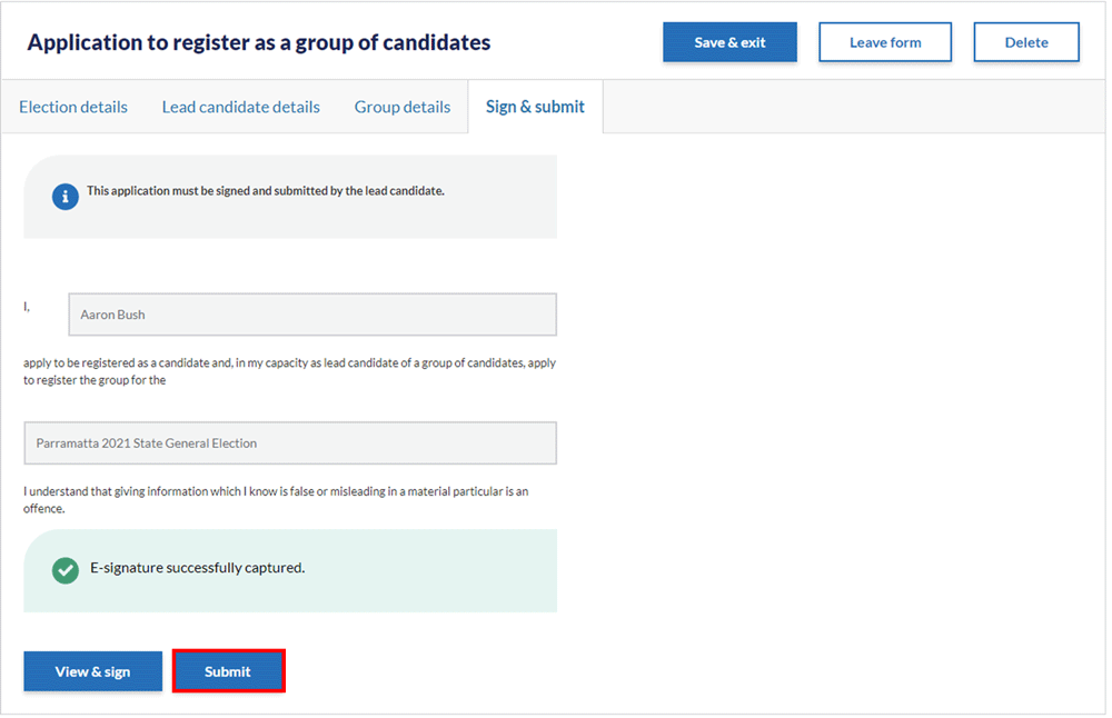 Application to register a group of candidates