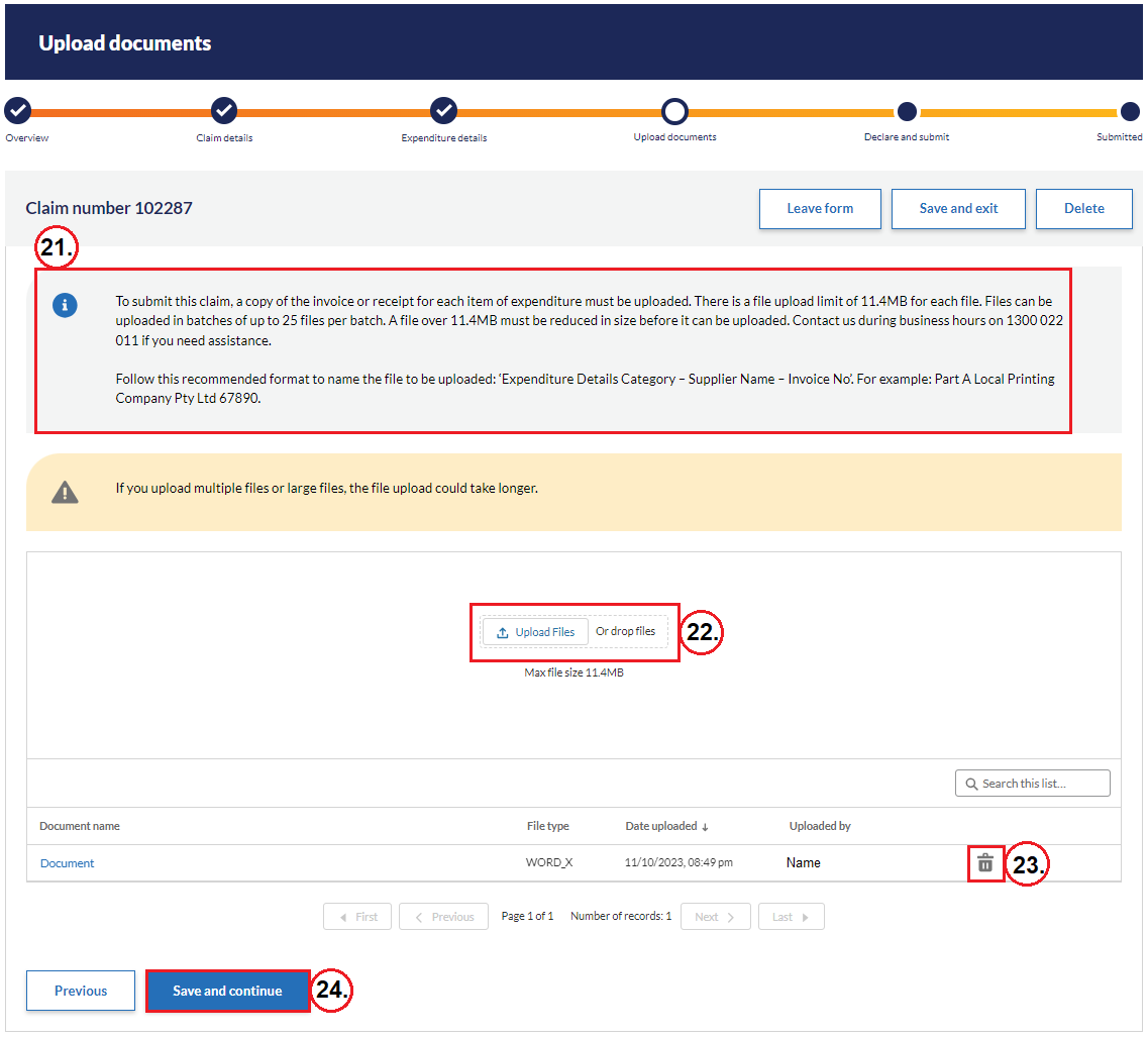 Figure 4: Upload documents page for Administration Fund Final claim form